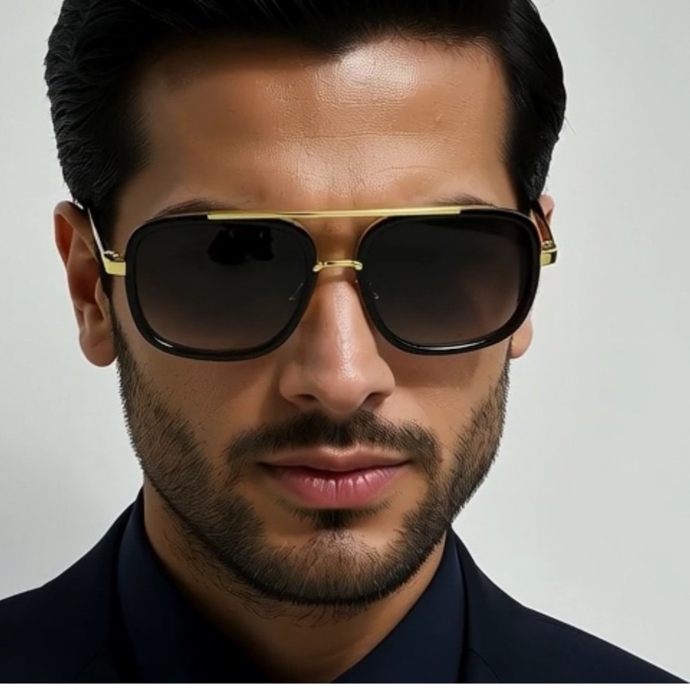 Mens Square Aviator‎ Sunglasses Gold Black Frame Gradient Lens Fashion Shades